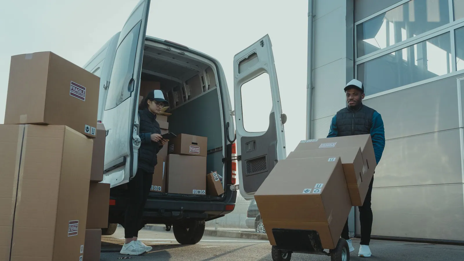 People unloading boxes from a cargo van