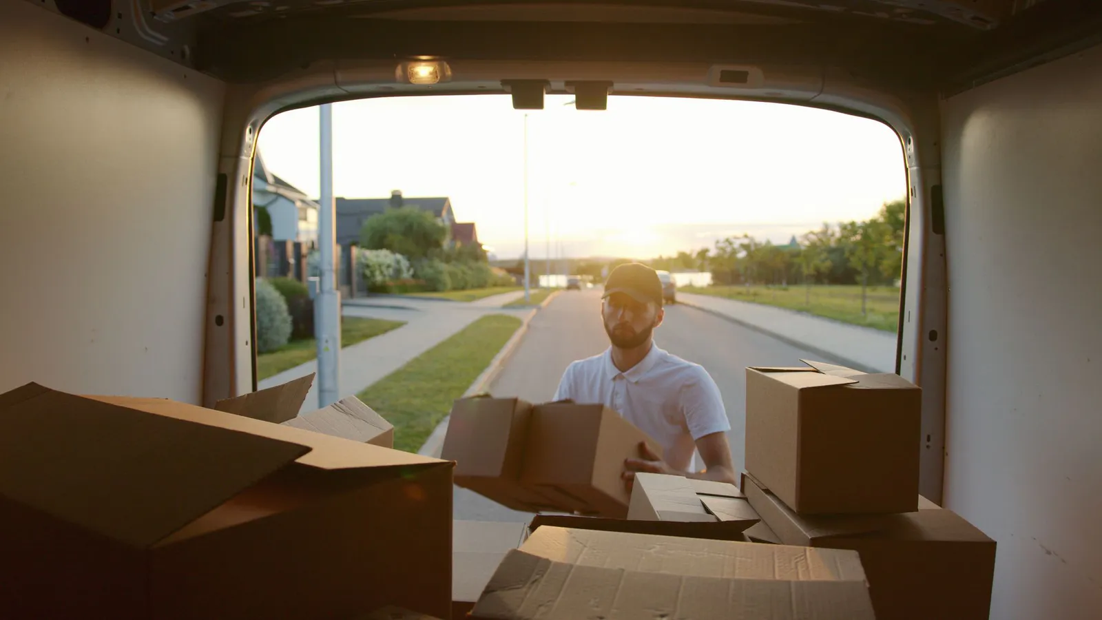 Cardboard boxes being loaded into a cargo van on a residential street