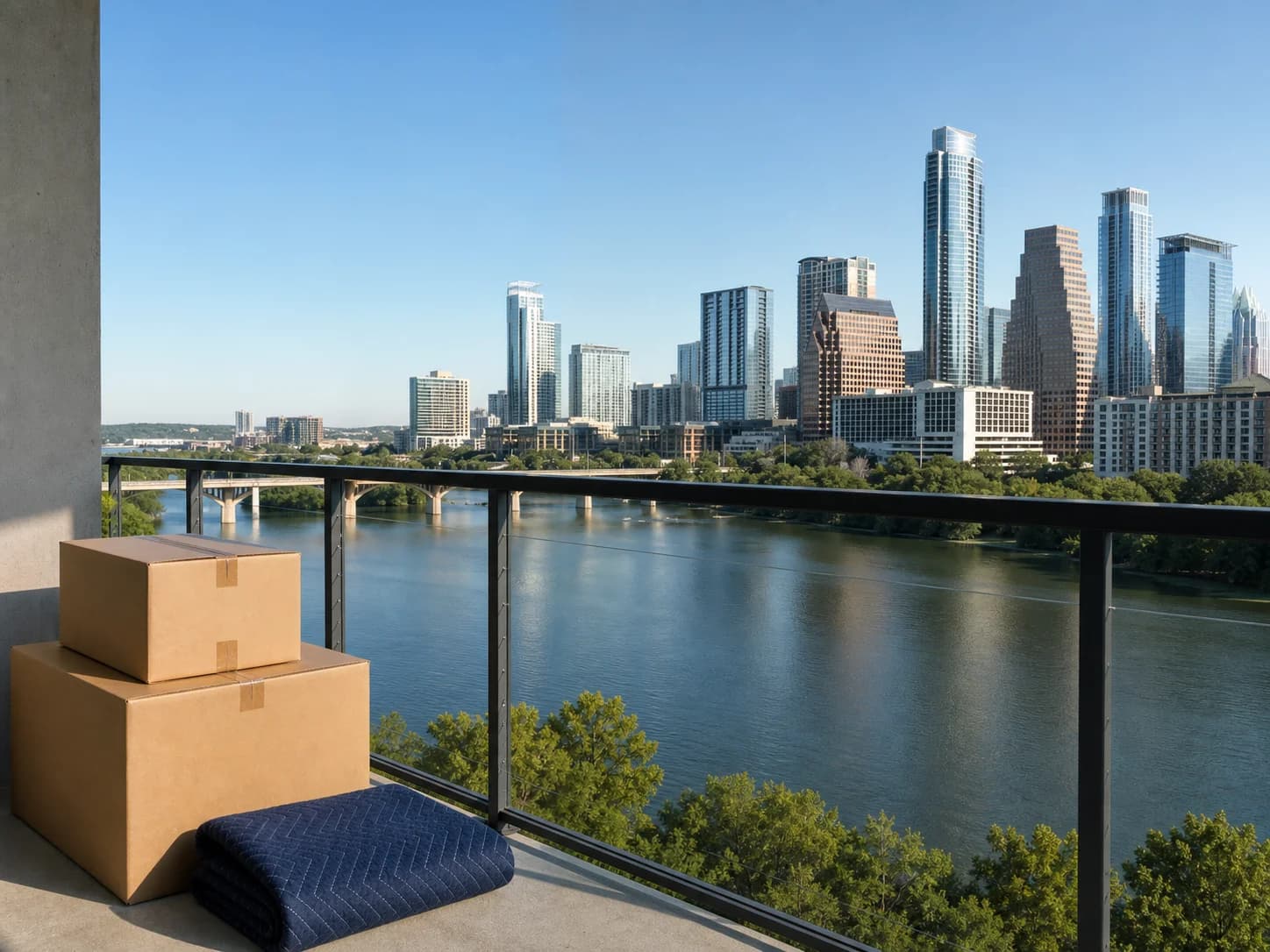 Moving boxes and a moving blanket overlooking the Austin skyline