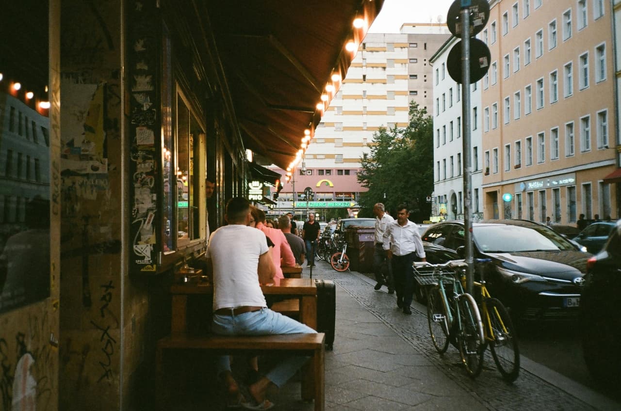 a street view full of people