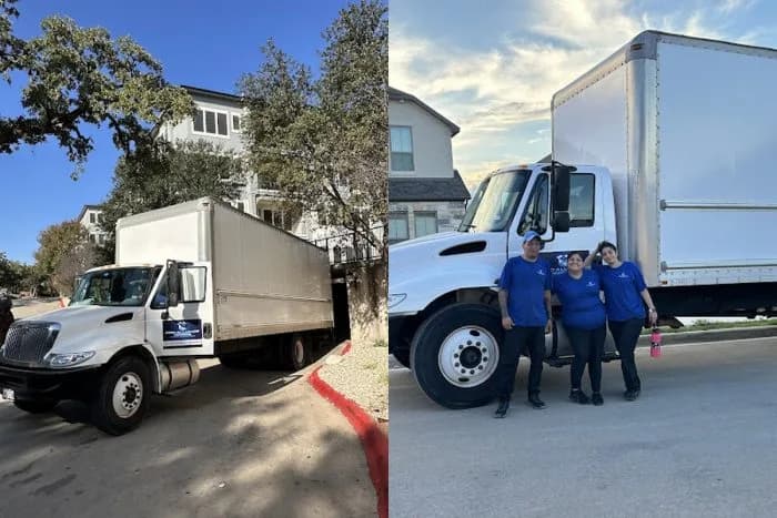 Moving truck and crew at a residential loading area