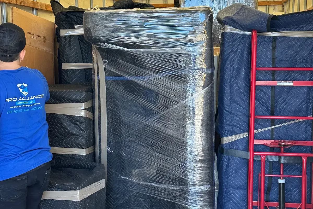 Interior of a loaded moving truck with wrapped items