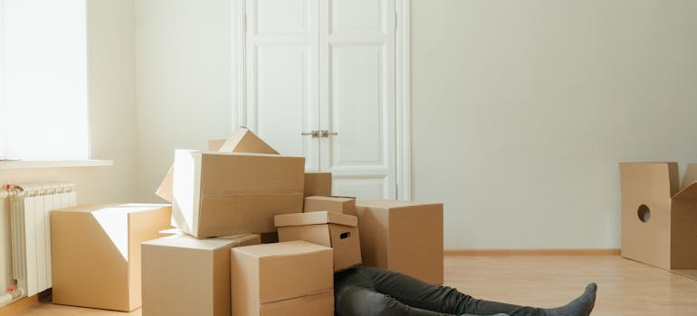 A man covered with moving boxes