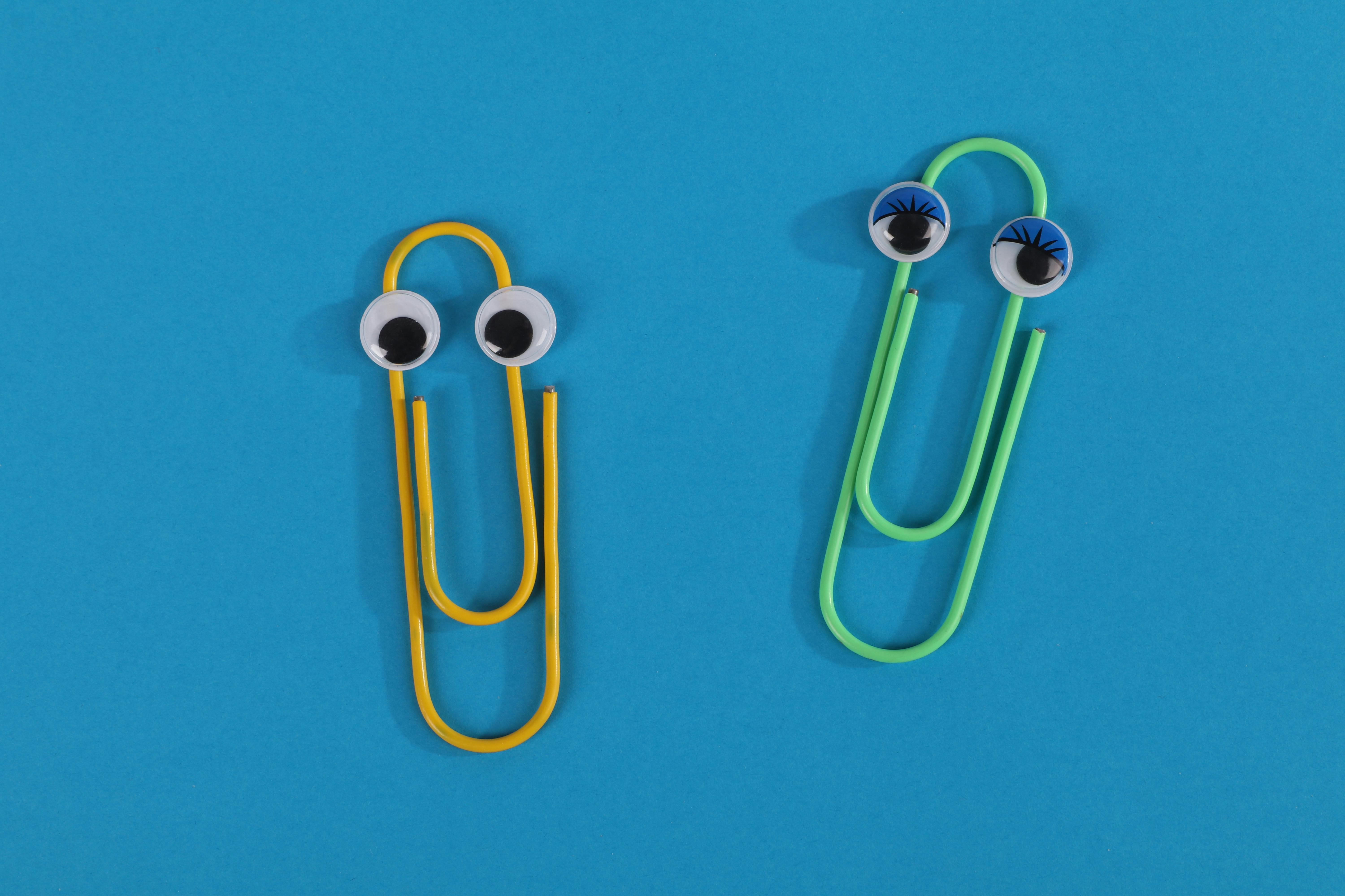 Two staples with toy eyes.