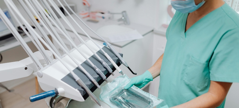 Dental or medical tools wrapped and prepared according to sanitation standards.