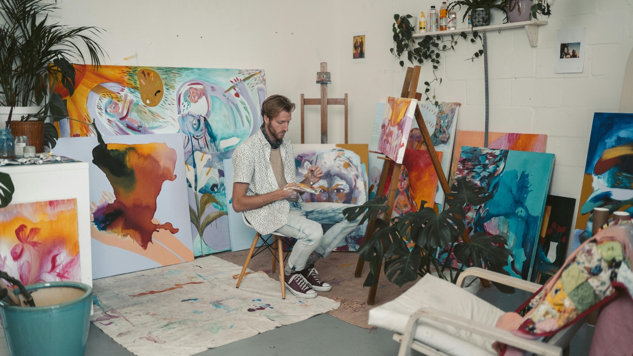 Artworks of an Artist in His Art Studio